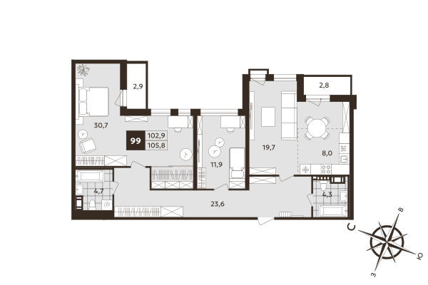 3 ккв (Евро) 102,9 м²