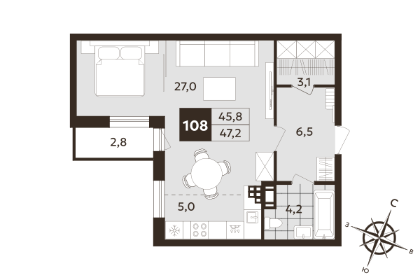 Студия 45,8 м²