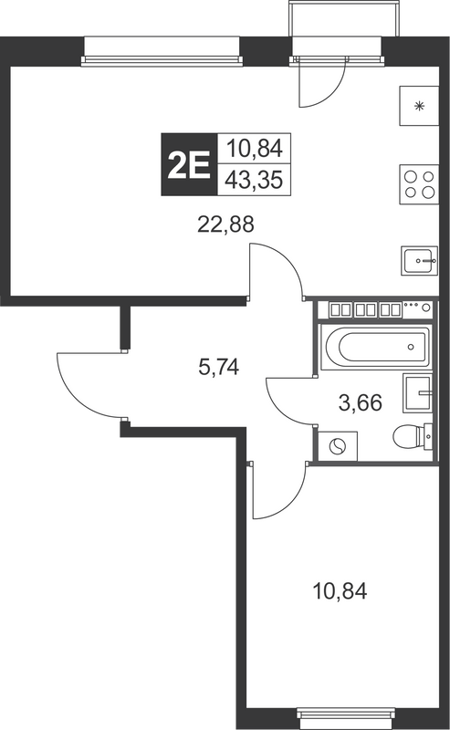2 ккв (Евро) 43,4 м²