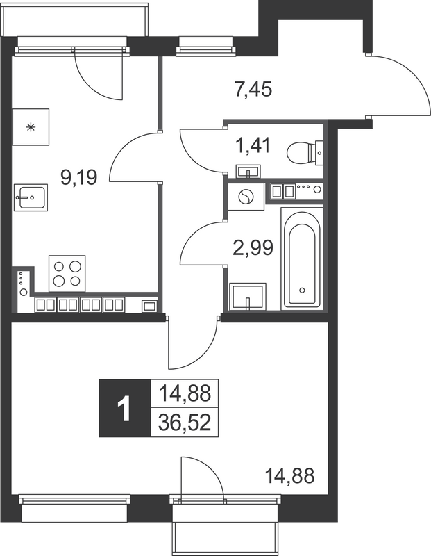 1 ккв 36,5 м²
