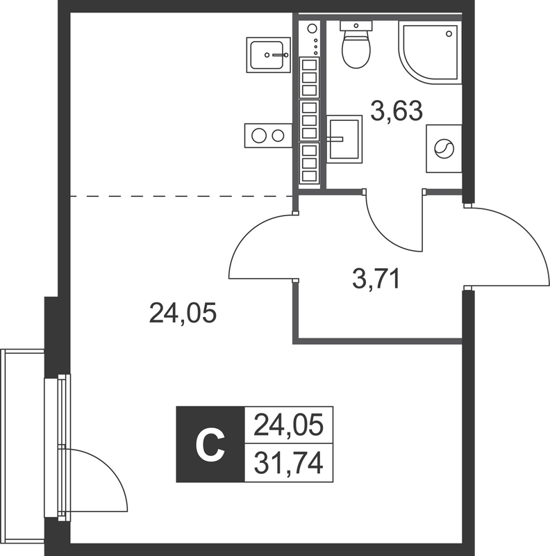 Студия 31,7 м²