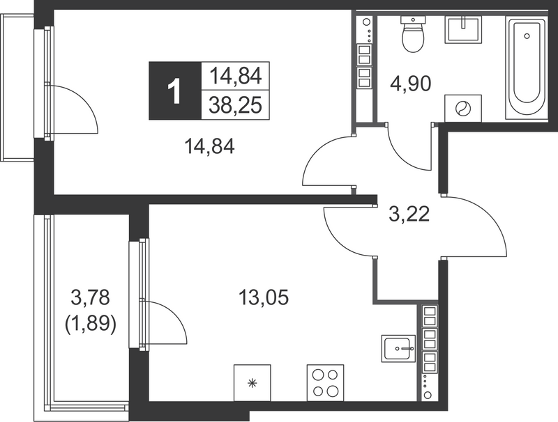 1 ккв 38,3 м²