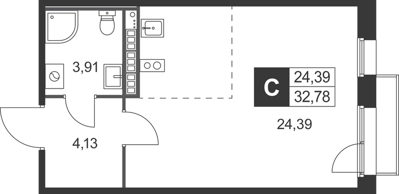 Студия 32,8 м²
