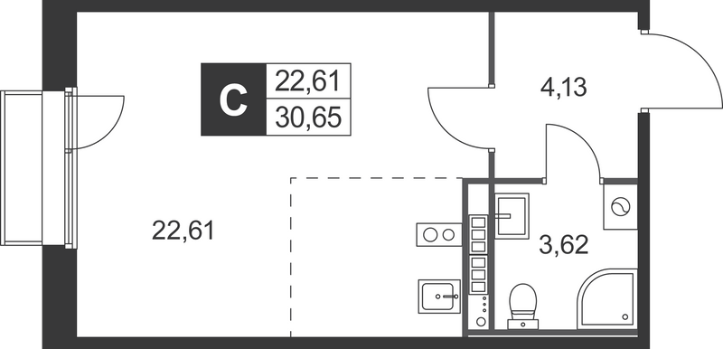 Студия 30,7 м²