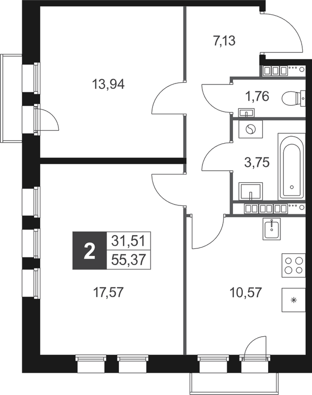 2 ккв 55,4 м²
