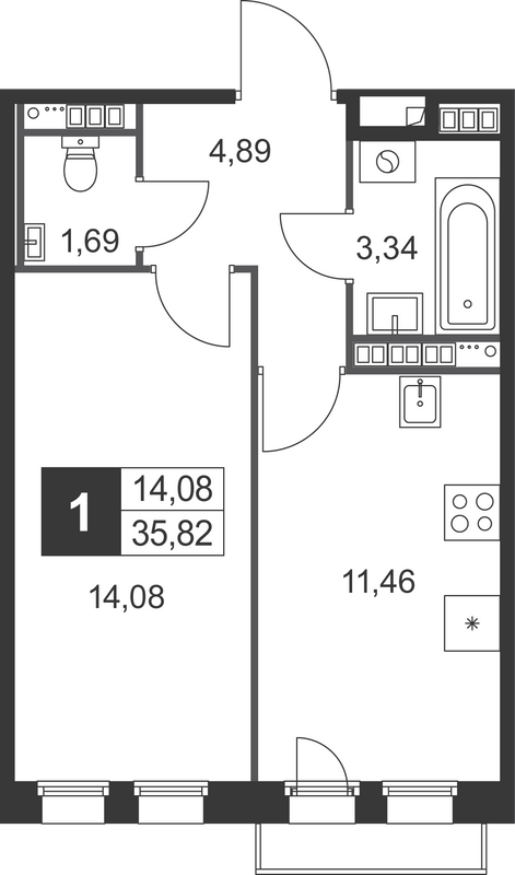 1 ккв 35,8 м²