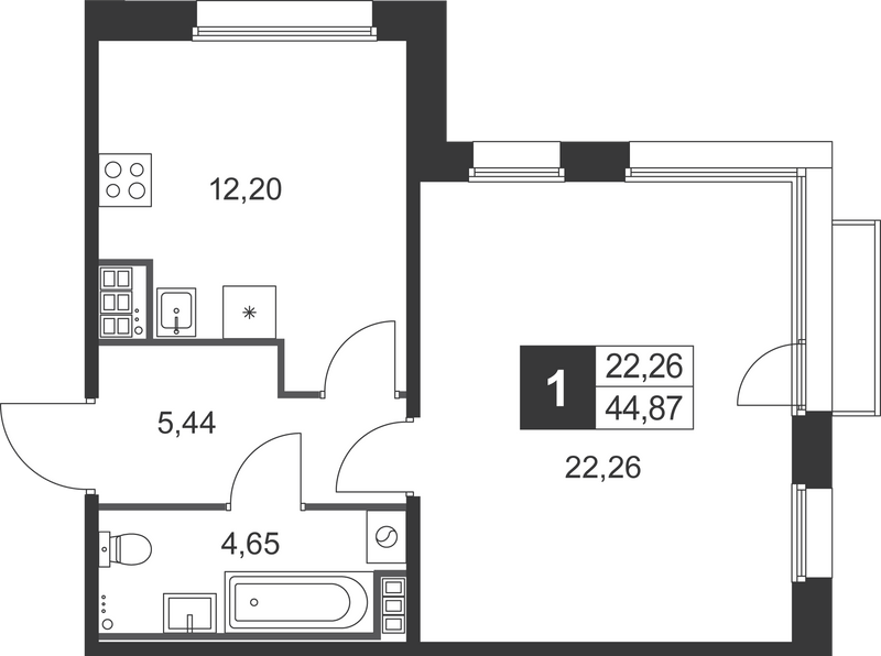 1 ккв 44,9 м²