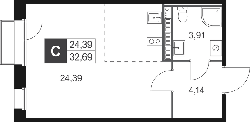 Студия 32,7 м²