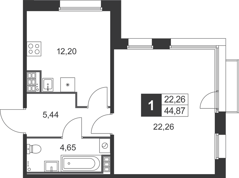 1 ккв 44,9 м²