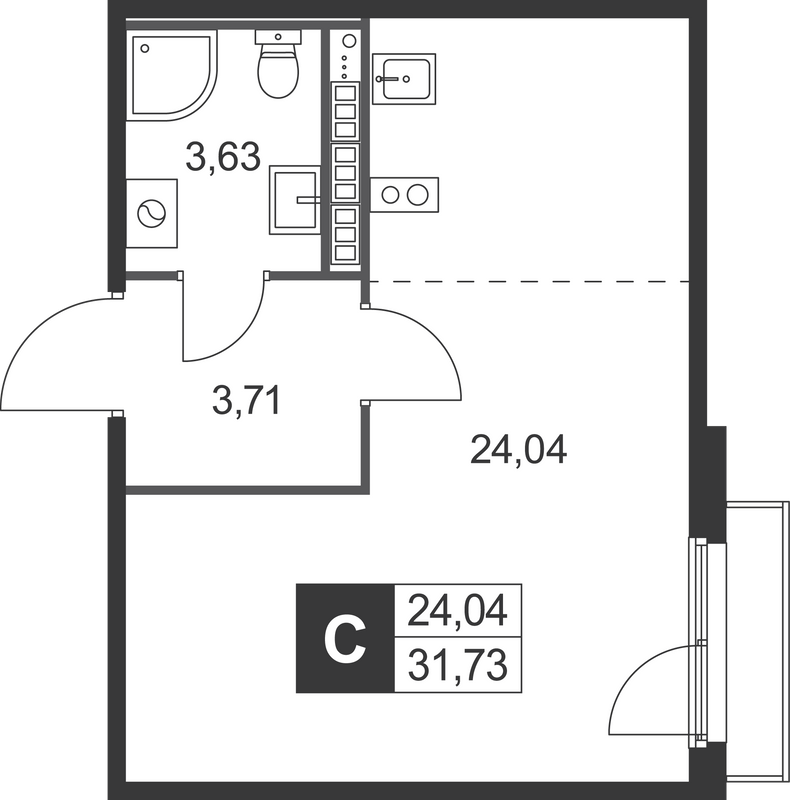 Студия 31,7 м²