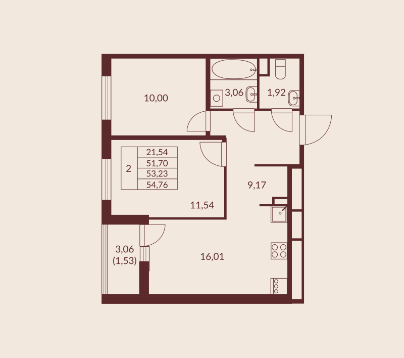 3 ккв (Евро) 53,2 м²