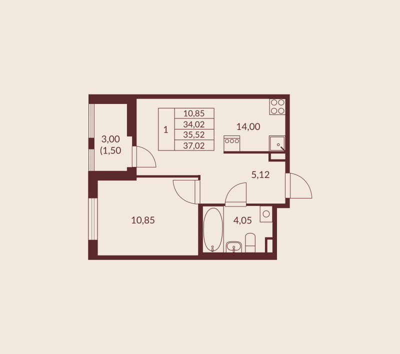 1 ккв 35,5 м²