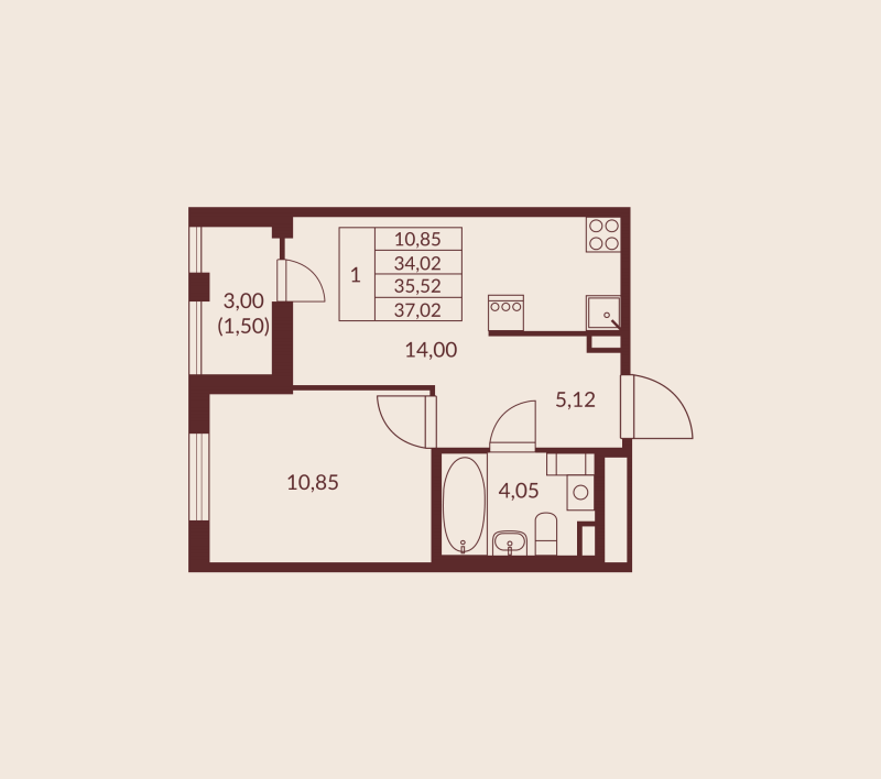 1 ккв 35,5 м²