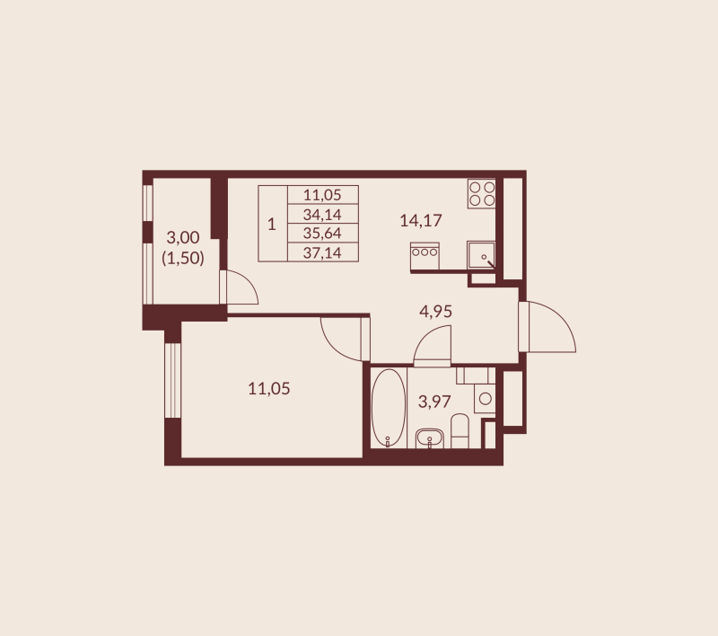 1 ккв 35,6 м²