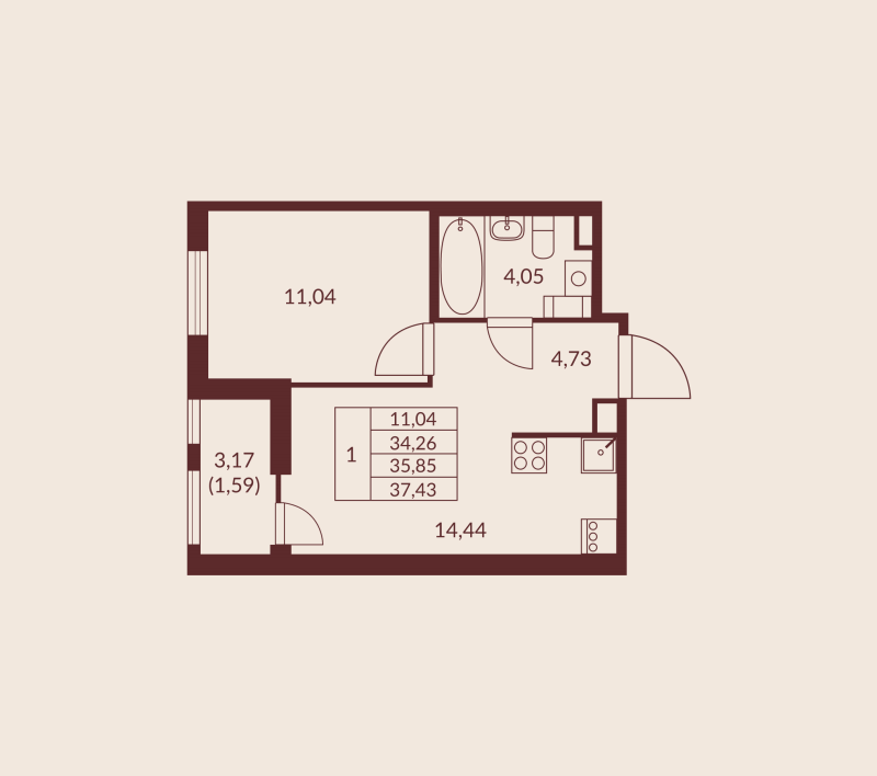 1 ккв 35,9 м²