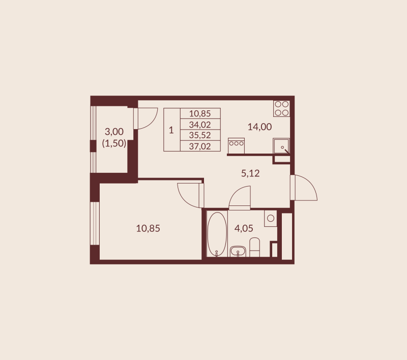 1 ккв 35,5 м²