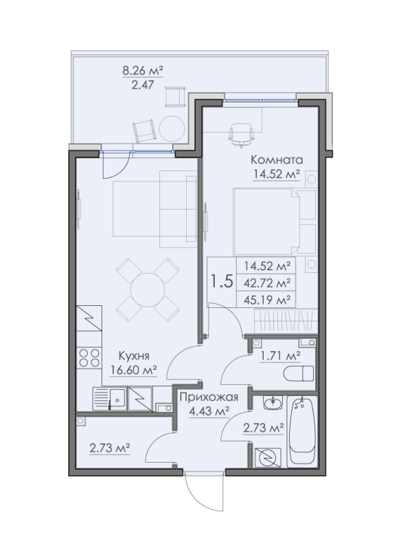 2 ккв (Евро) 45,2 м²