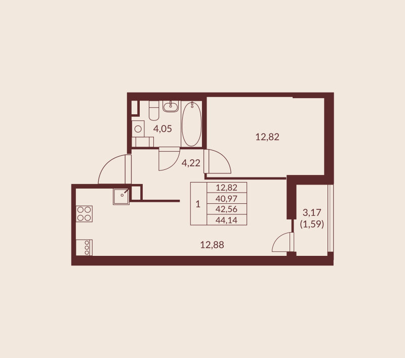1 ккв 42,6 м²
