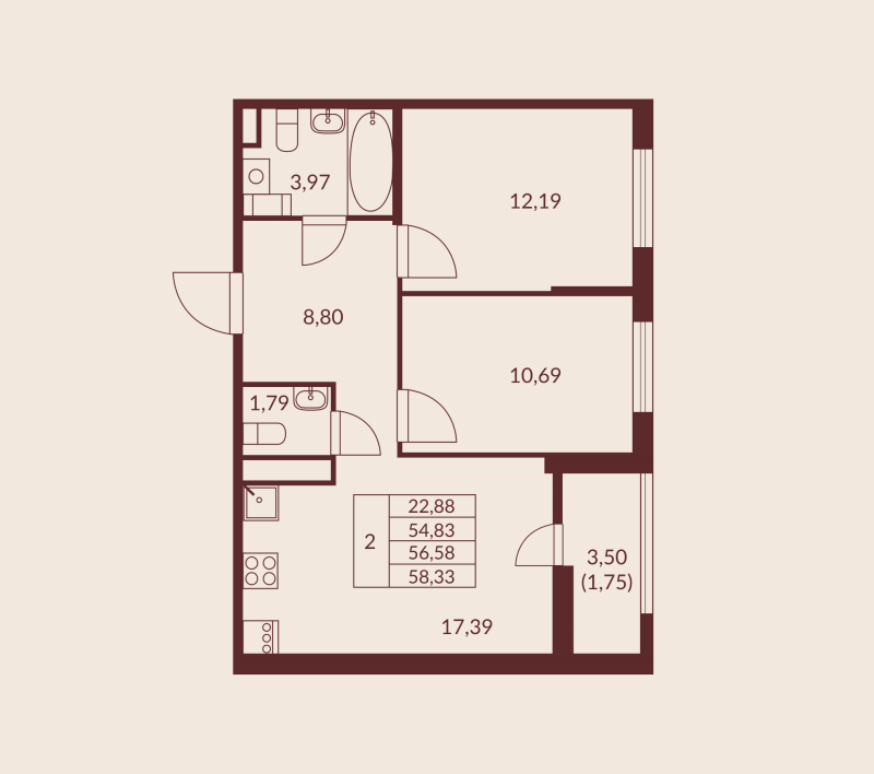 3 ккв (Евро) 56,6 м²