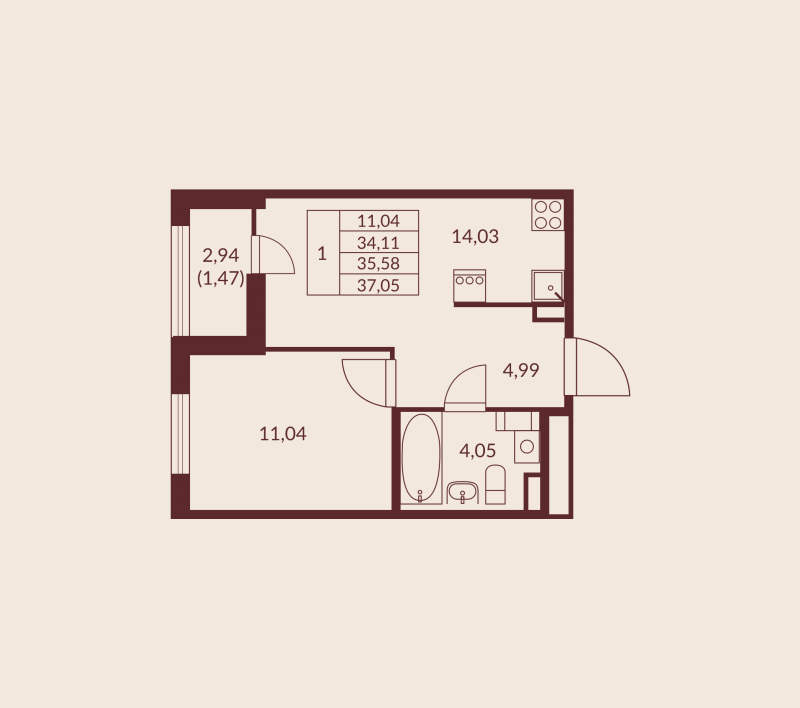 1 ккв 35,6 м²