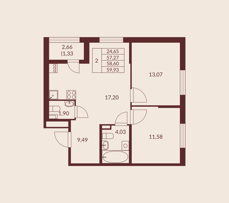 3 ккв (Евро) 58,6 м²