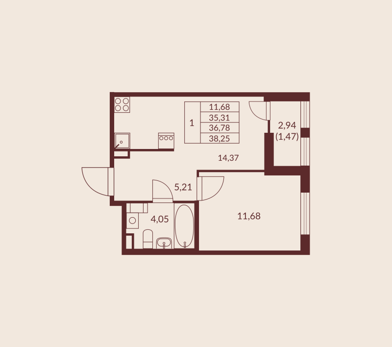 1 ккв 36,8 м²