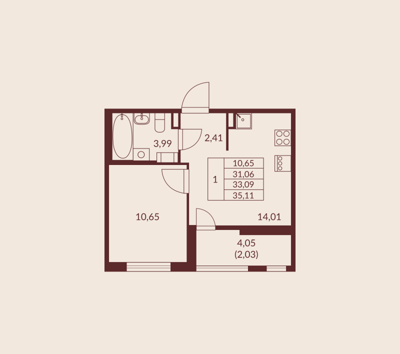 1 ккв 33,1 м²