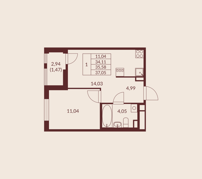 1 ккв 35,6 м²