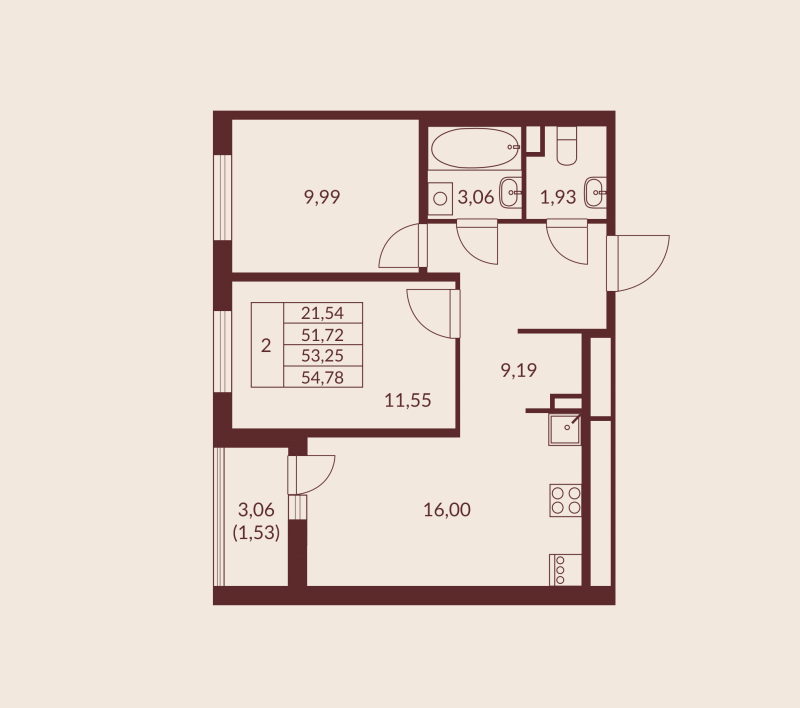3 ккв (Евро) 53,3 м²