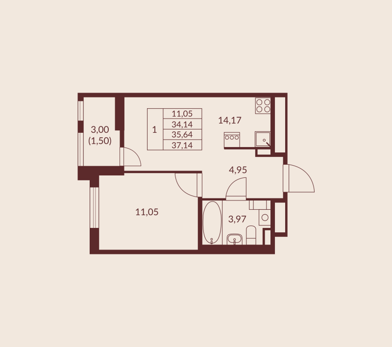 1 ккв 35,6 м²