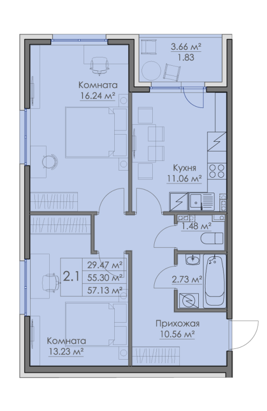 2 ккв 57,1 м²