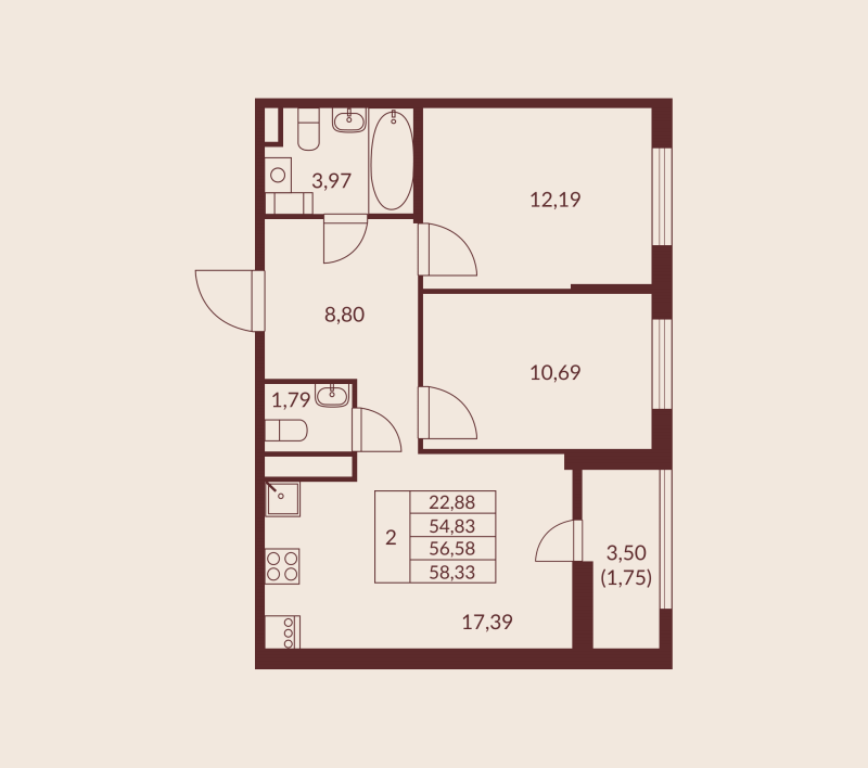 3 ккв (Евро) 56,6 м²