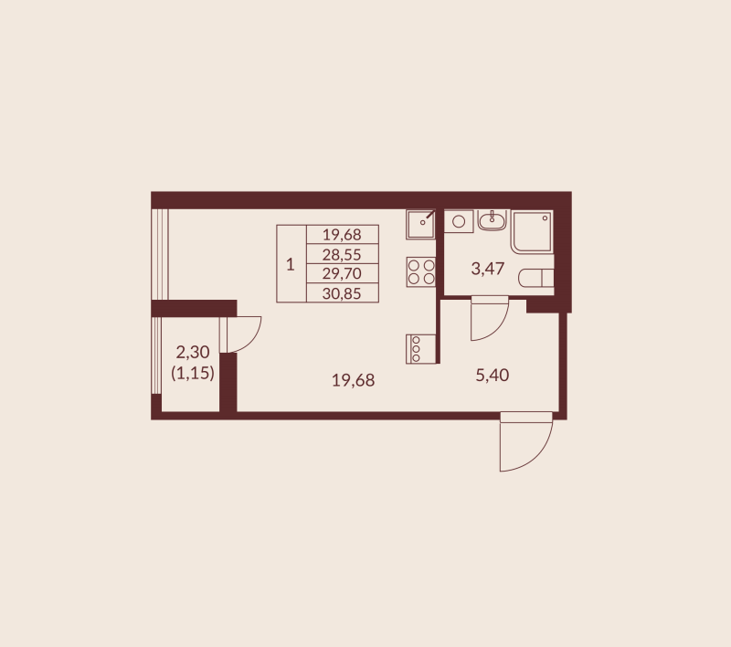 Студия 29,7 м²