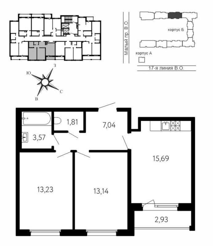 3 ккв (Евро) 56 м²