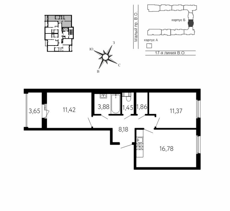 3 ккв (Евро) 56 м²