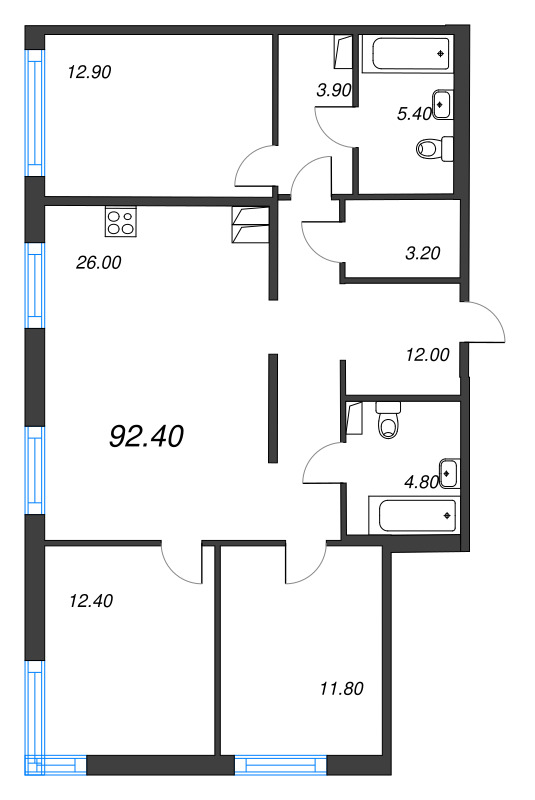 4 ккв (Евро) 92,4 м²
