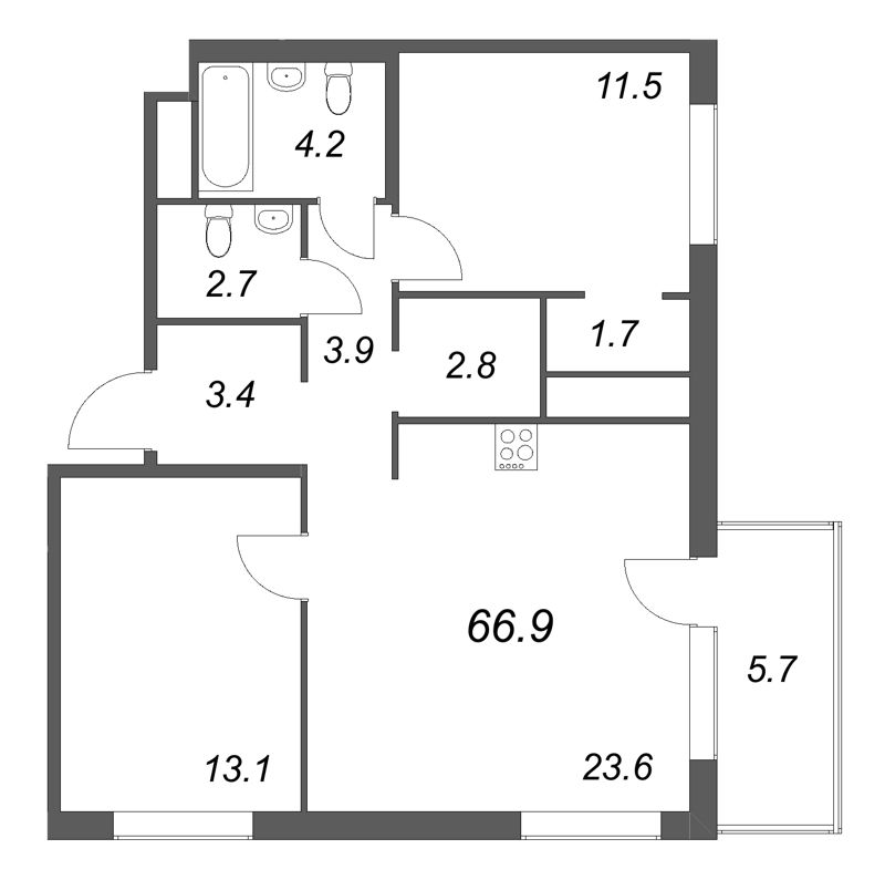 3 ккв (Евро) 66,9 м²