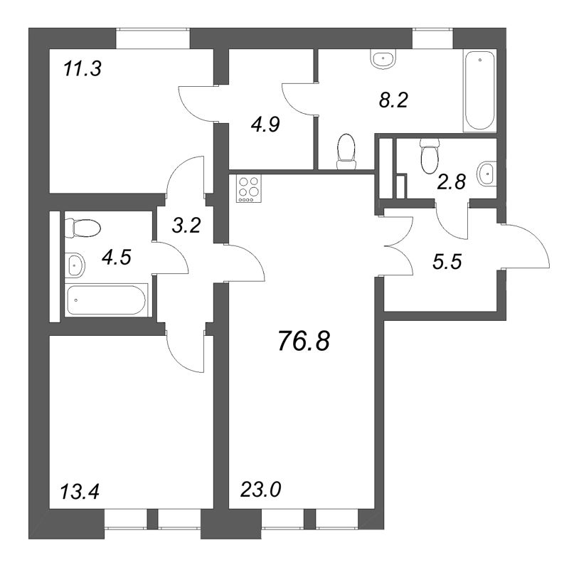 3 ккв (Евро) 76,8 м²