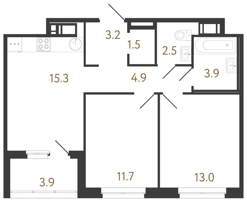 3 ккв (Евро) 56 м²