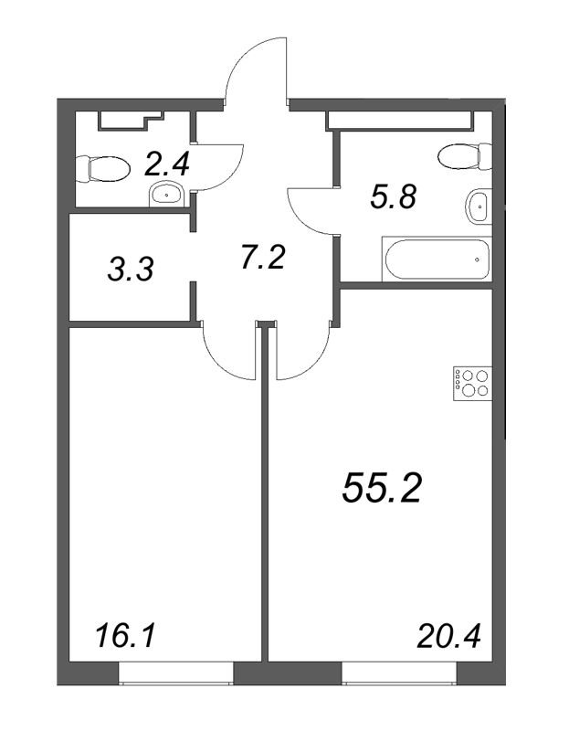 2 ккв (Евро) 54,9 м²