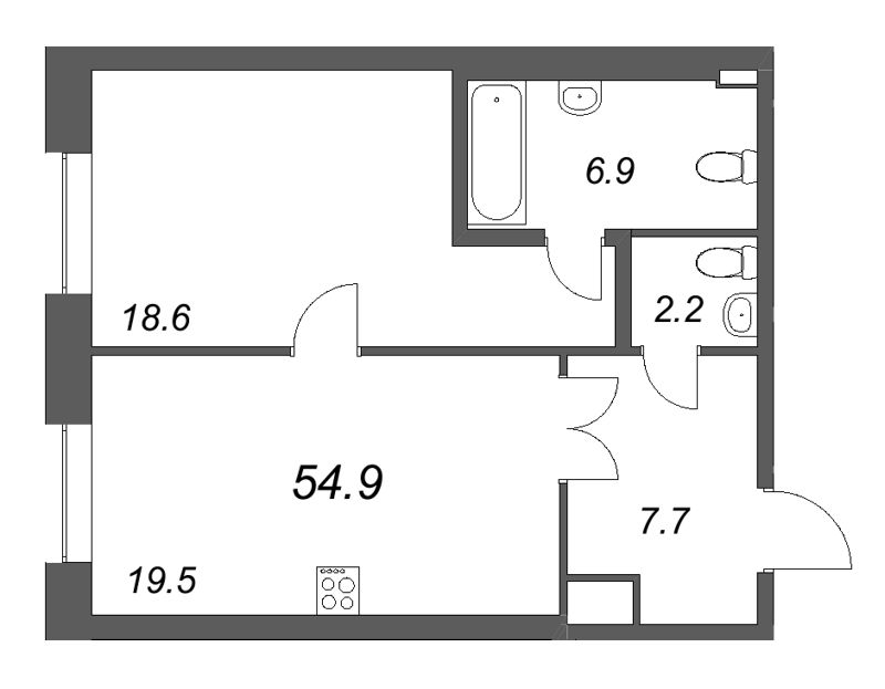 2 ккв (Евро) 54,9 м²