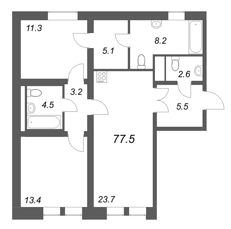 3 ккв (Евро) 77,5 м²