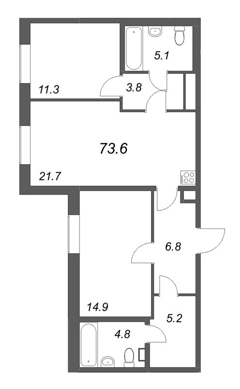 3 ккв (Евро) 73,6 м²