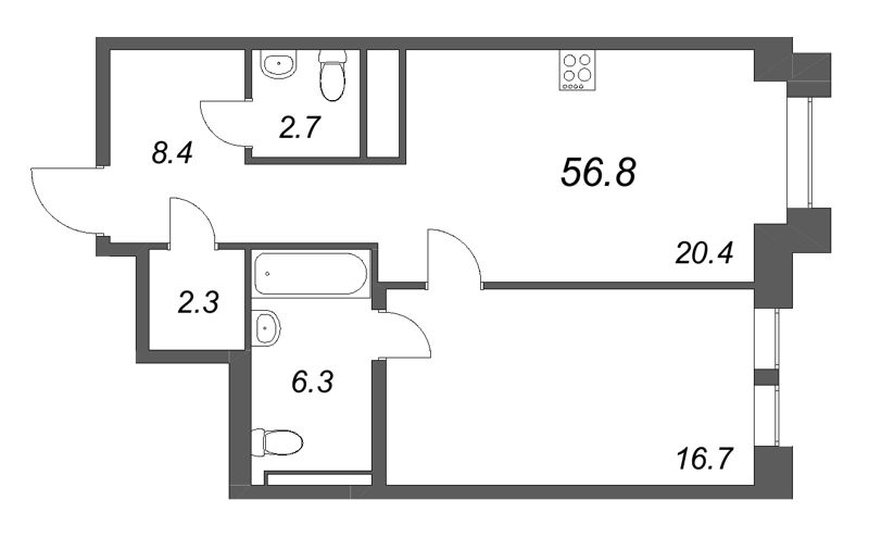 2 ккв (Евро) 56,8 м²