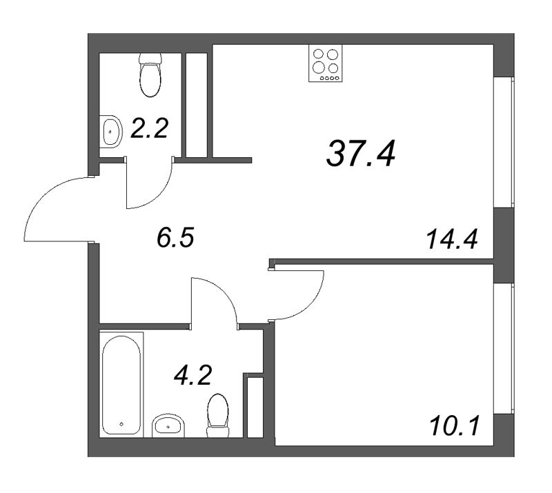 1 ккв 37,4 м²