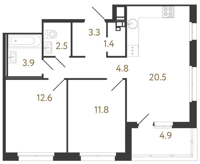 3 ккв (Евро) 60,8 м²