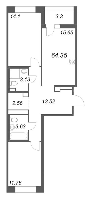 3 ккв (Евро) 64,4 м²