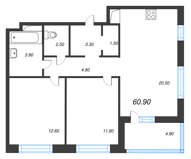 3 ккв (Евро) 60,9 м²
