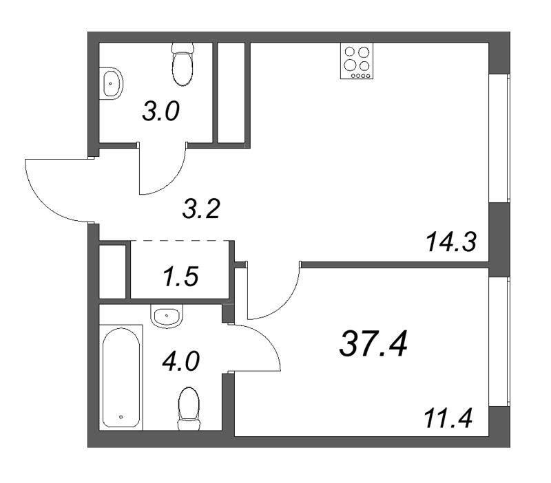 1 ккв 37,4 м²