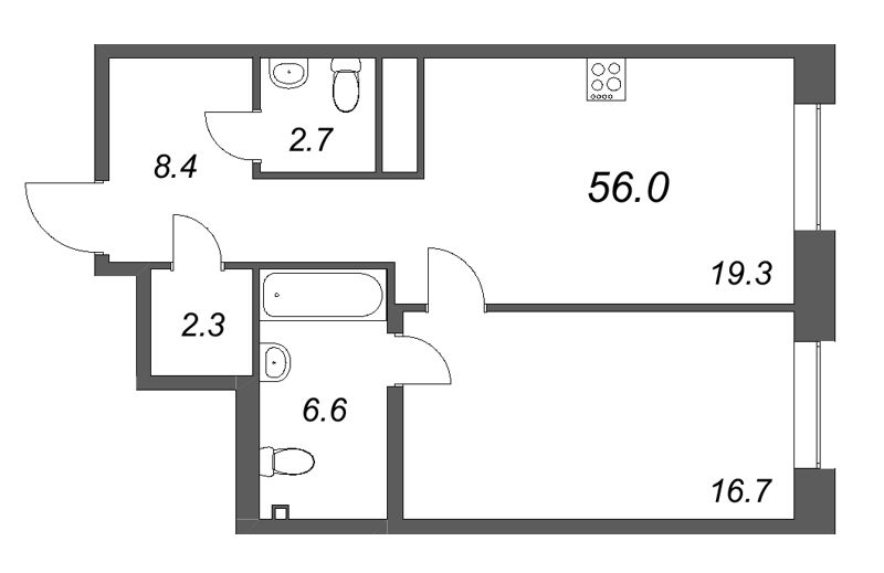 2 ккв (Евро) 56 м²